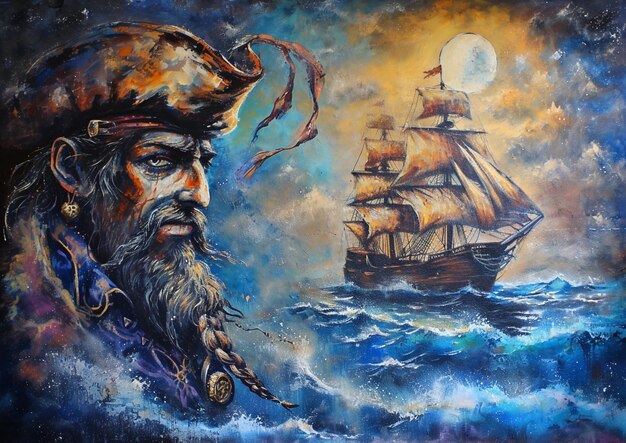 Photo peinture d'un pirate avec un navire en arrière-plan