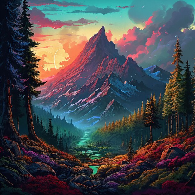 Une peinture pittoresque de montagnes avec des arbres et de la pluie