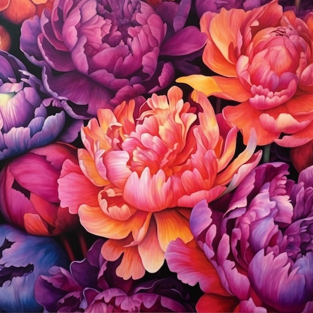 Une peinture d'une pivoine colorée avec un fond noir.