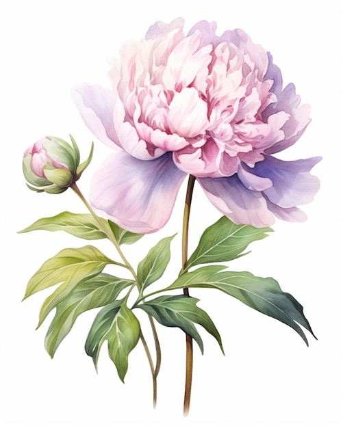 Peinture d'une pivoine rose avec des feuilles vertes sur fond blanc ai générative