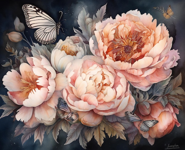 Une peinture de pivoines avec un papillon dessus