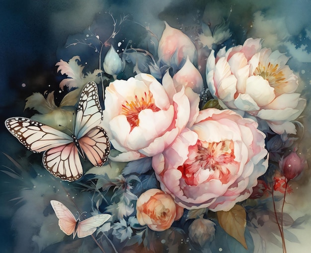 Une peinture de pivoines et un papillon