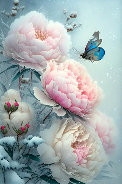 Peinture de pivoines roses et d'un papillon bleu ai génératif