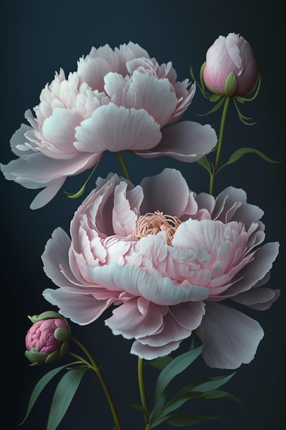 Photo une peinture de pivoines avec une tige verte et une fleur rose à gauche.