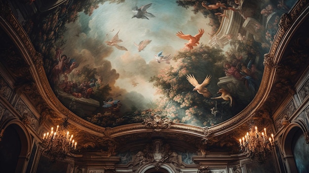 Photo une peinture d'un plafond avec une peinture d'oiseaux dessus