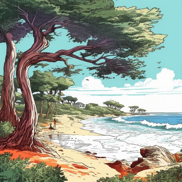 une peinture d'une plage avec un arbre et l'océan en arrière-plan.