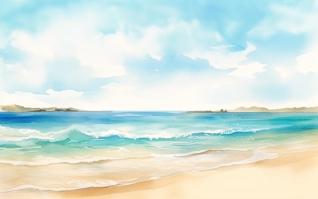 Une peinture d'une plage avec un ciel bleu et des nuages.