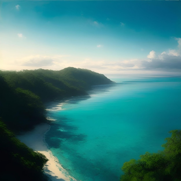 Une peinture d'une plage avec un ciel bleu et l'océan en arrière-plan.