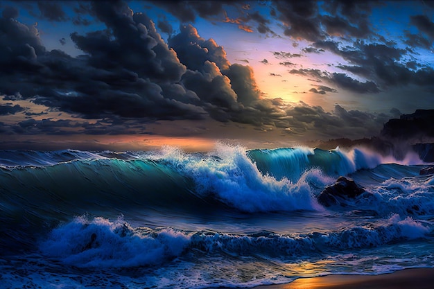 Une peinture d'une plage avec un ciel nuageux et des vagues