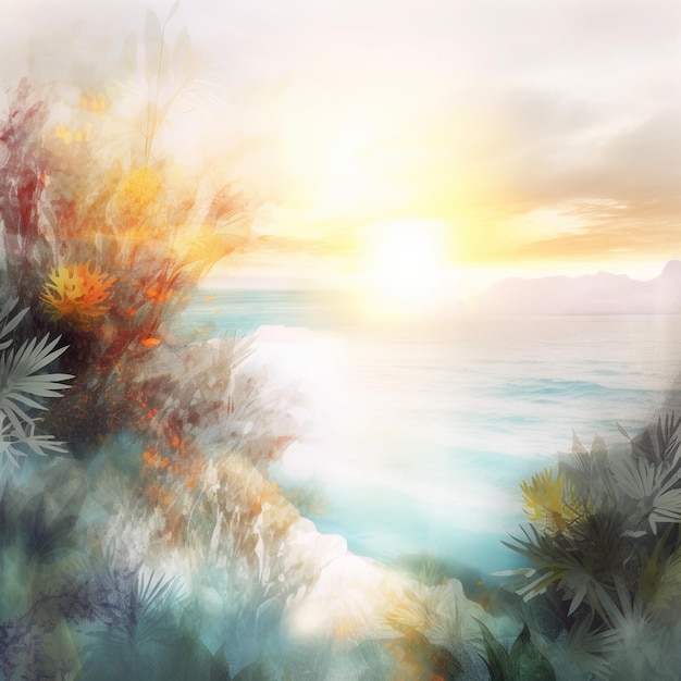 Une peinture d'une plage avec un coucher de soleil en arrière-plan.