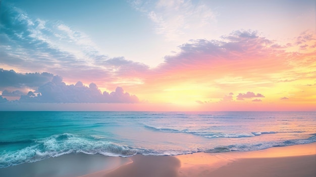 Une peinture d'une plage avec un coucher de soleil et le ciel en arrière-plan.