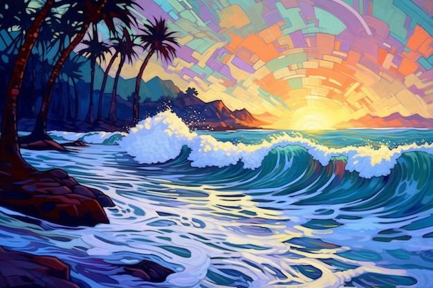 Une peinture d'une plage avec un coucher de soleil et des palmiers.