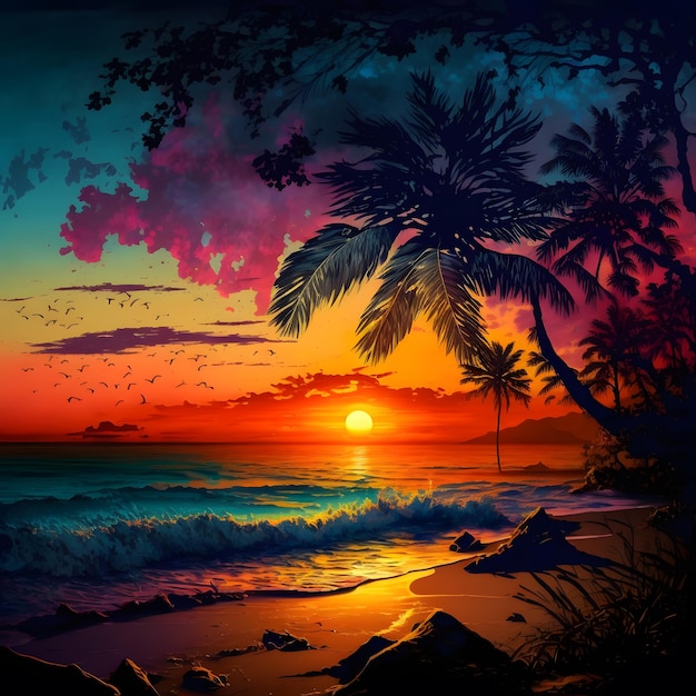 Une peinture d'une plage avec un coucher de soleil et des palmiers.