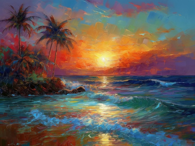 Une peinture d'une plage avec un coucher de soleil et des palmiers.