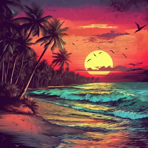 Une peinture d'une plage avec un coucher de soleil et des palmiers.