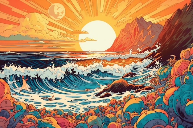 Une peinture d'une plage avec un coucher de soleil et une vague