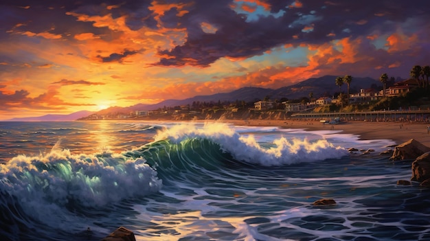 Une peinture d'une plage avec un coucher de soleil et des vagues