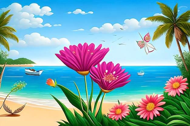 Une peinture d'une plage avec des fleurs et un papillon dessus