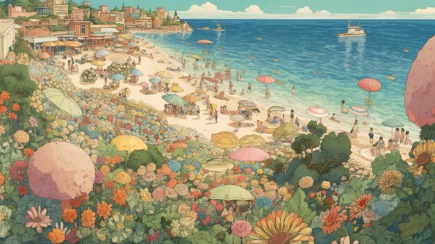 Une peinture d'une plage avec des fleurs et des parasols