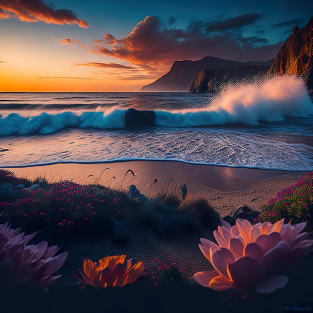 Photo une peinture d'une plage avec des fleurs et des vagues