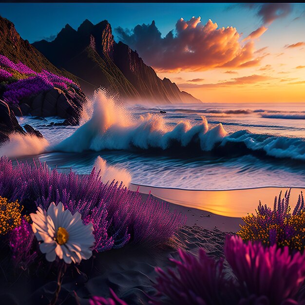 Photo une peinture d'une plage avec des fleurs violettes et une fleur violette et blanche.