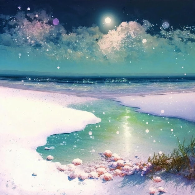 Une peinture d'une plage avec de la neige et la lune