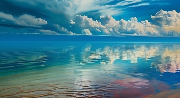 Une peinture d'une plage avec des nuages et l'océan