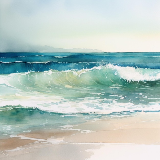 Une peinture d'une plage avec un océan bleu et une plage de sable blanc.