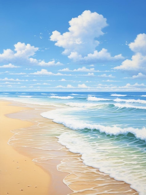 une peinture d'une plage avec l'océan et les nuages.