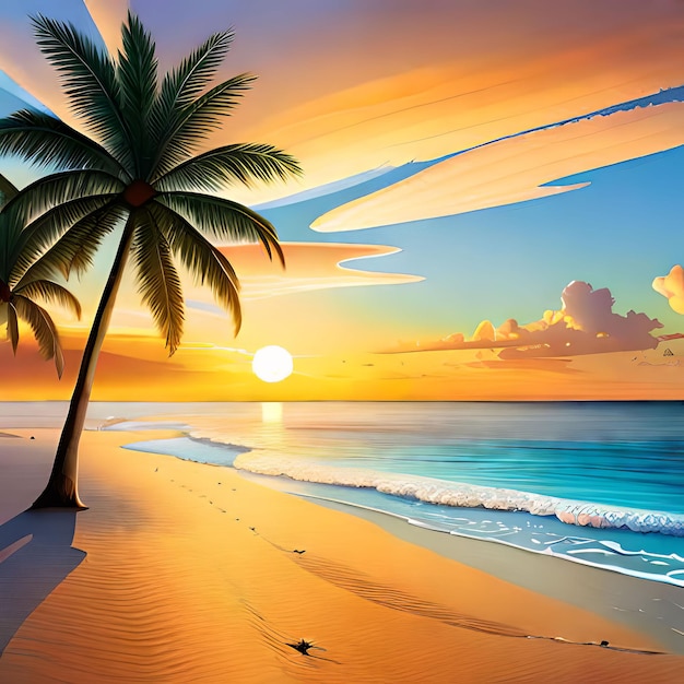 Photo une peinture d'une plage avec un palmier dessus