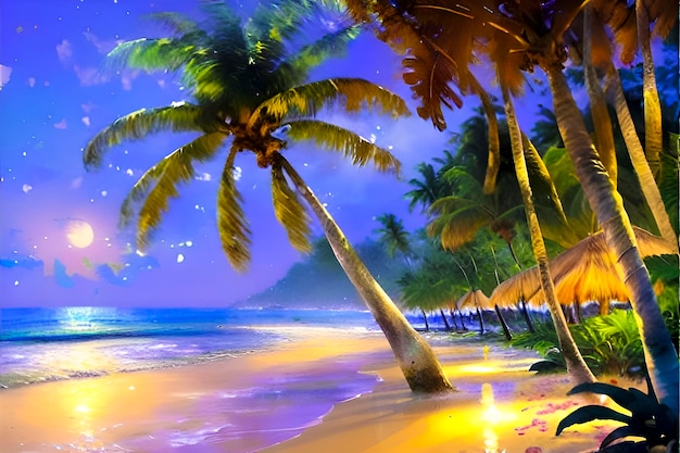 Une peinture d'une plage avec des palmiers et un ciel bleu avec des étoiles.