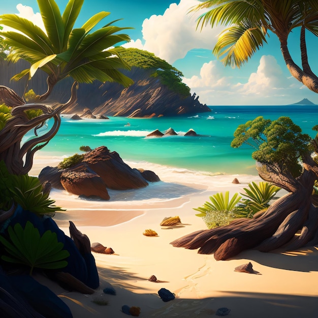 Une peinture d'une plage avec des palmiers et un ciel bleu avec des nuages.