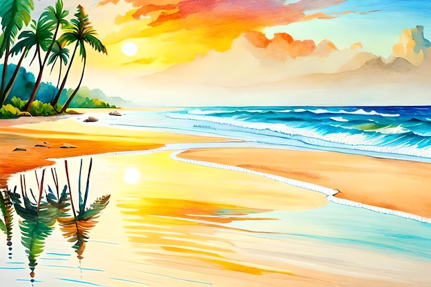 Photo une peinture d'une plage avec des palmiers dessus
