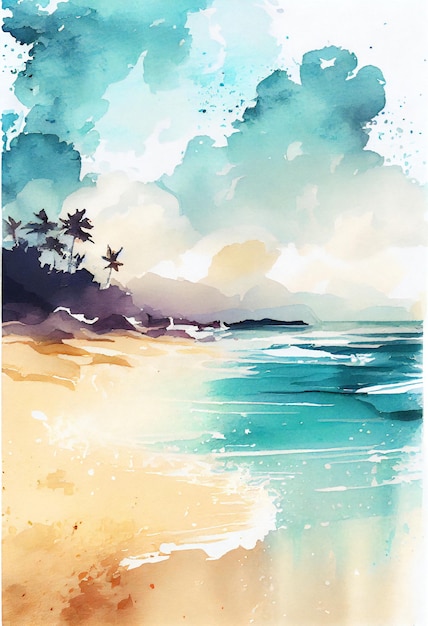 Une peinture d'une plage avec des palmiers et l'océan en arrière-plan.
