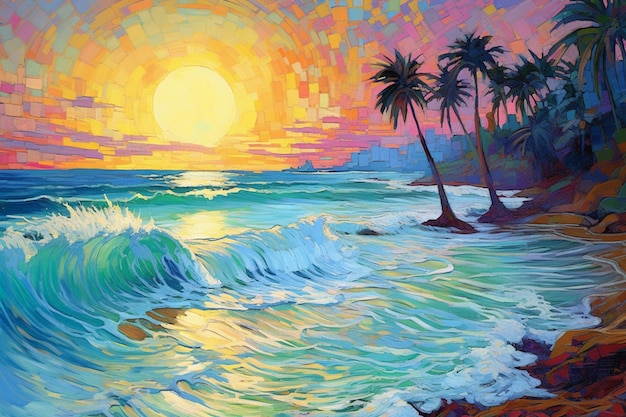 Une peinture d'une plage avec des palmiers et le soleil se couchant dessus.