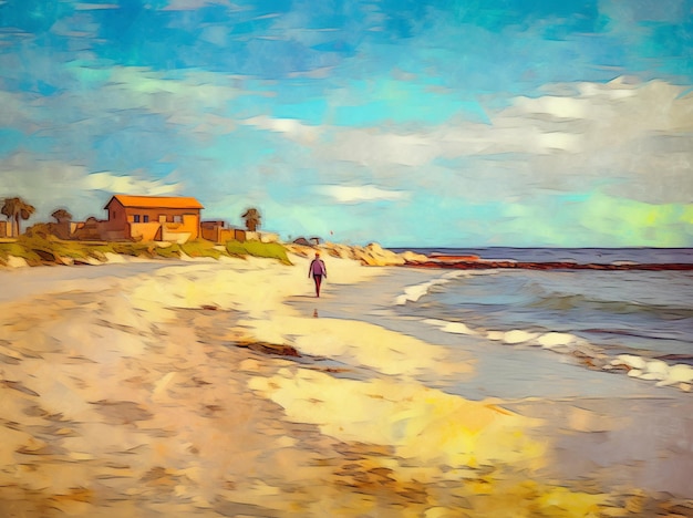 Photo une peinture d'une plage avec une personne marchant dessus