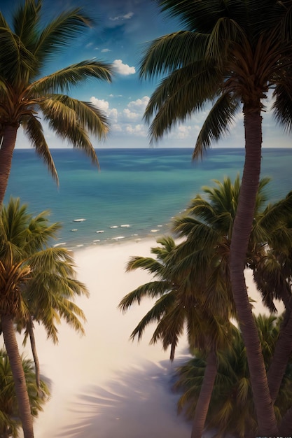 Une peinture d'une plage tropicale avec des palmiers