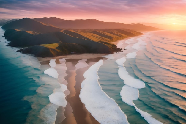 Une peinture d'une plage avec des vagues et des montagnes en arrière-plan.