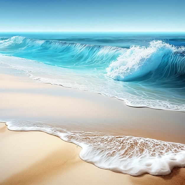 Une peinture d'une plage avec des vagues qui s'écrasent dessus