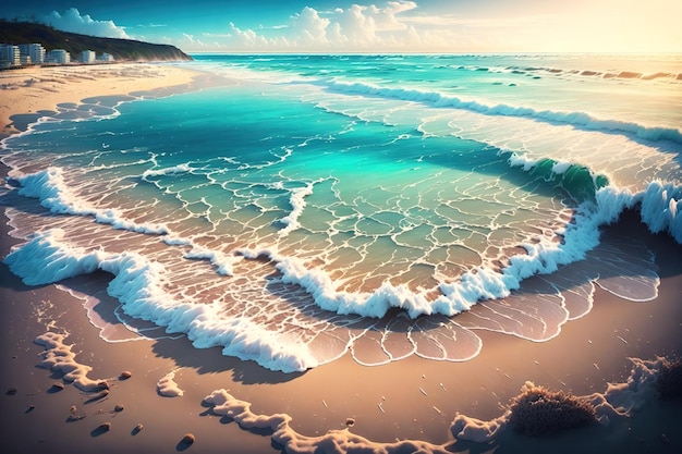 Une peinture d'une plage avec des vagues se brisant sur le sable.