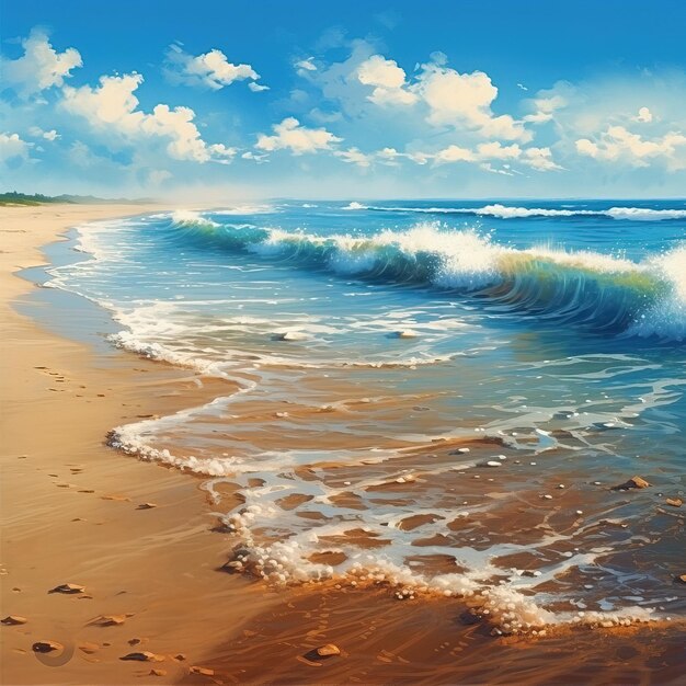 Une peinture d'une plage avec des vagues se brisant sur le sable