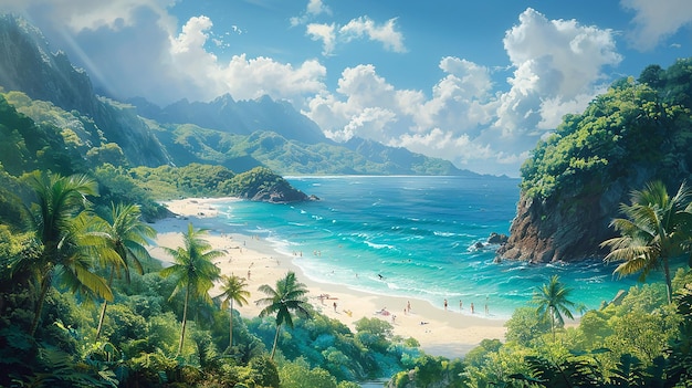 une peinture d'une plage avec une vue sur une montagne et une plage