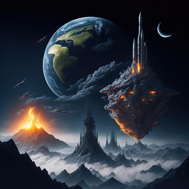 Une peinture d'une planète avec un volcan en arrière-plan