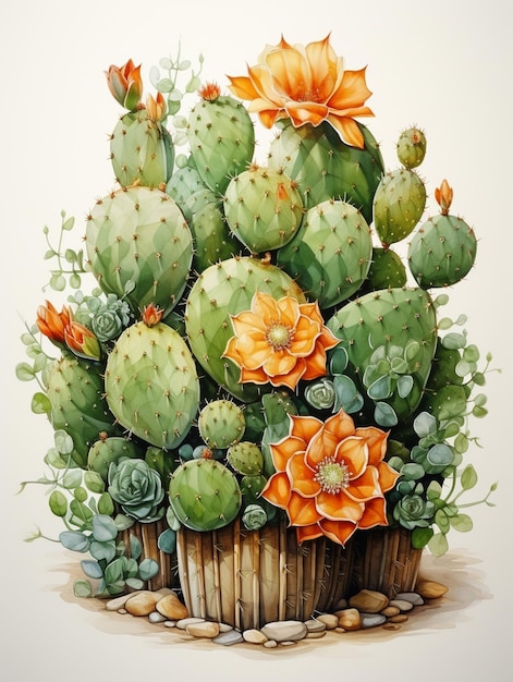 peinture d'une plante de cactus avec des fleurs orange et des feuilles vertes
