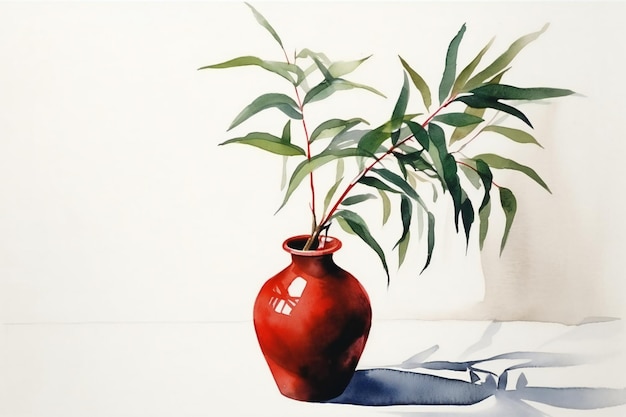 Une peinture d'une plante dans un vase rouge avec un vase blanc et un vase blanc.