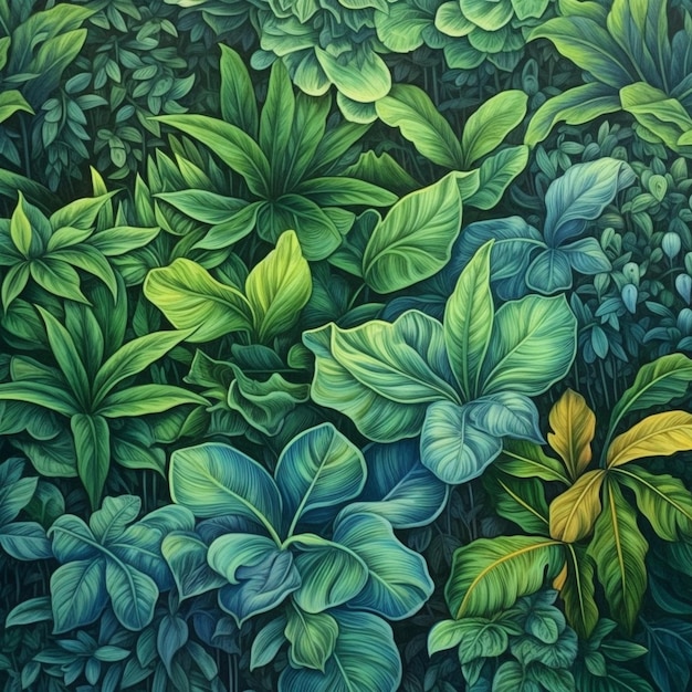 Une peinture d'une plante avec des feuilles dessus