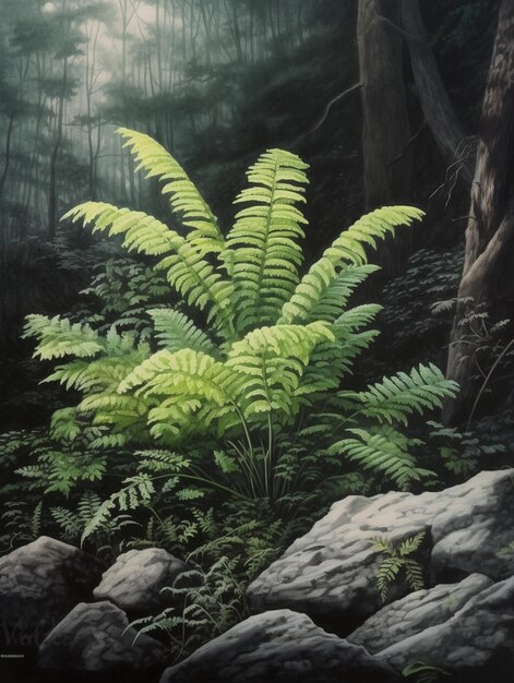Peinture d'une plante de fougère dans une forêt avec des rochers et des arbres