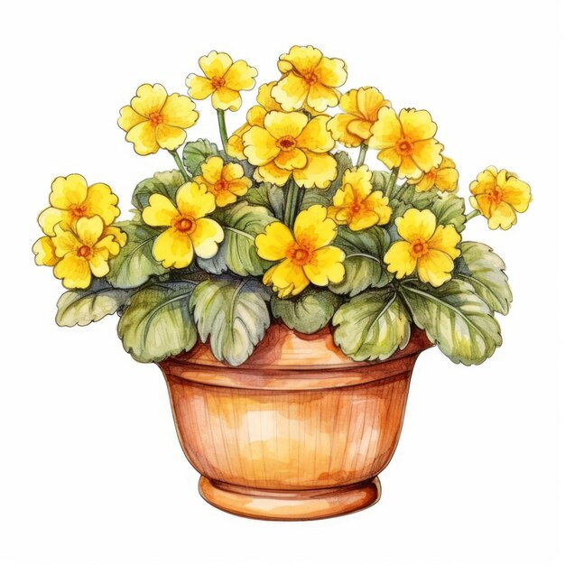 Une peinture d'une plante en pot avec des fleurs jaunes, un pot de fleurs d'aprimousse