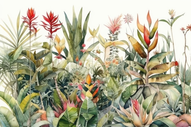 Une peinture de plantes et de fleurs tropicales.