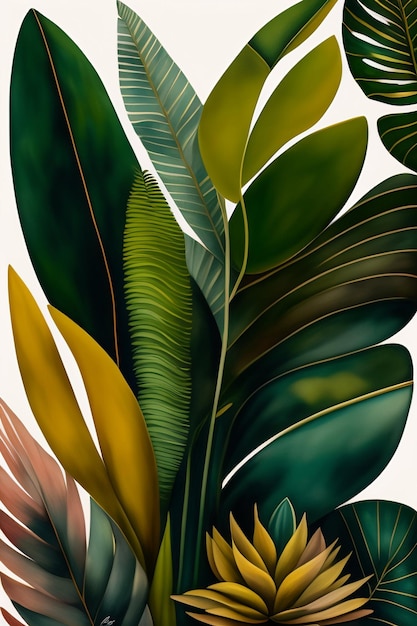 Une peinture de plantes tropicales avec des feuilles et des fleurs.